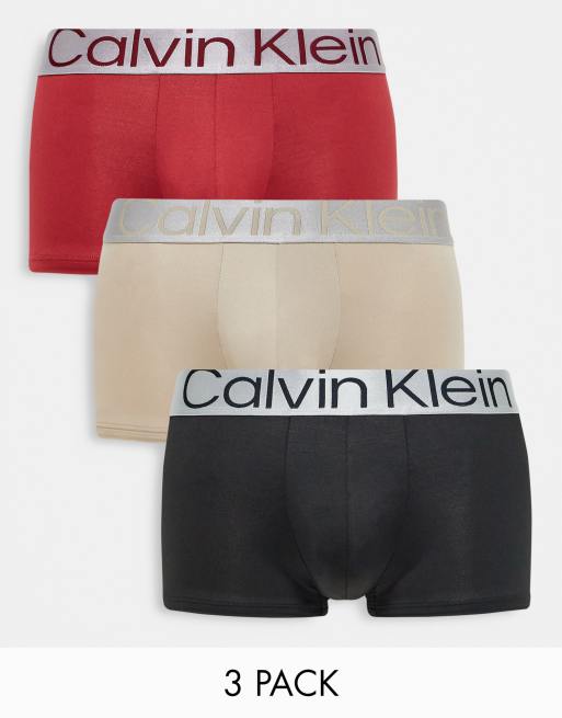 Calvin Klein 3-pack low rise boxer briefs in black gray and red with  contrast waistband | ASOS