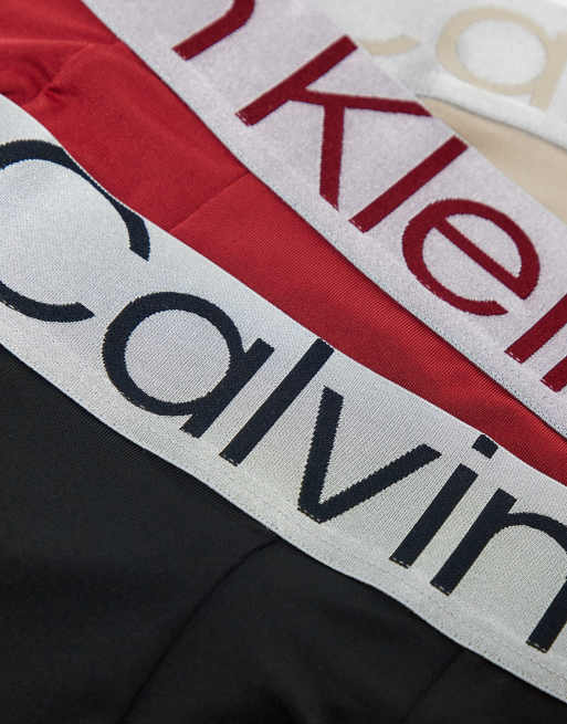 Calvin Klein 3 pack low rise trunks in black grey and red with contrast waistband, 3 of 4