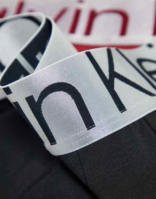 Calvin Klein 3 pack low rise trunks in black grey and red with contrast waistband, 4 of 4