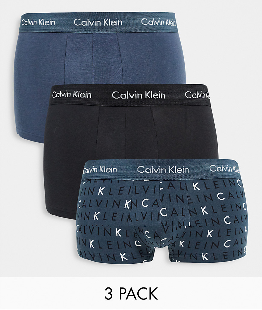 Calvin Klein 3 pack low rise trunks in black plain and logo
