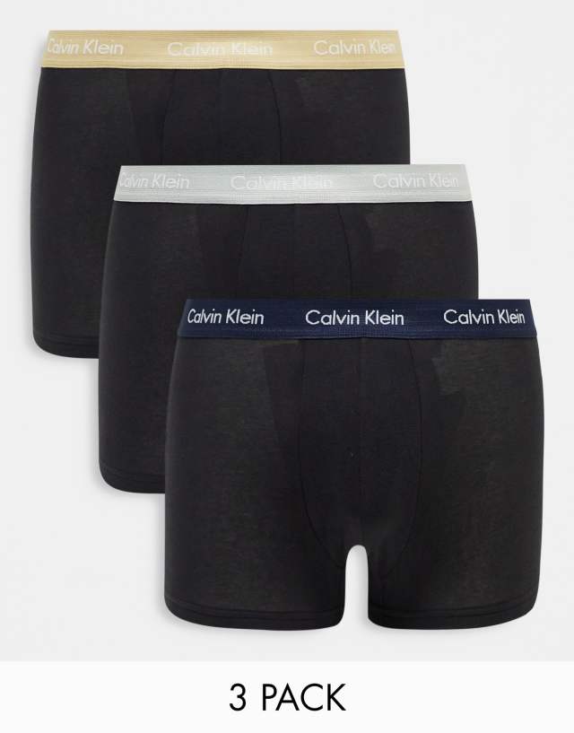 Calvin Klein 3-pack low rise trunks in black with colored waistband