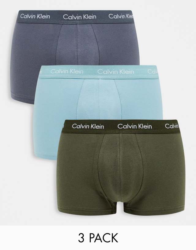 Calvin Klein 3-pack low rise trunks in gray blue and khaki