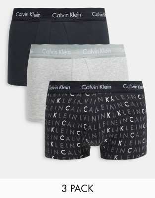 Calvin Klein 3 pack low rise trunks with logo waistband in black and grey logo print-Multi