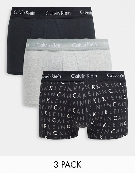 Calvin Klein 3 pack low rise trunks with logo waistband in black and grey logo print