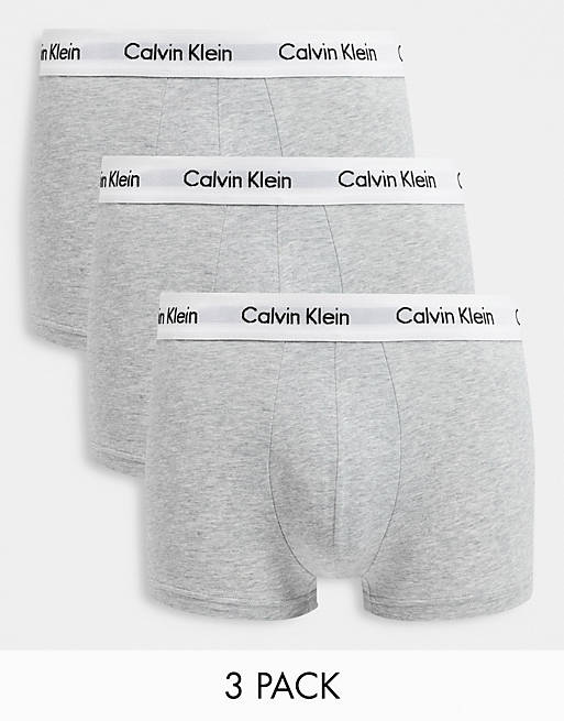 Calvin Klein 3 pack low rise trunks with logo waistband in grey | ASOS