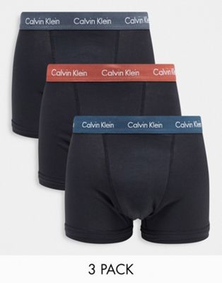 Calvin Klein 3-pack trunks in black with contrast colour waistbands