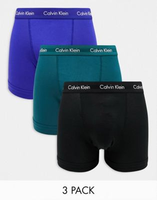 Calvin Klein 3-pack trunks in blue, black and teal - ASOS Price Checker