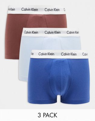 Calvin Klein 3-pack trunks in blue, light blue and rust