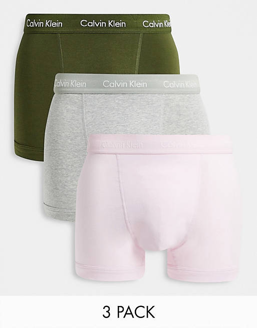 Calvin Klein 3 pack trunks in khaki grey and pink