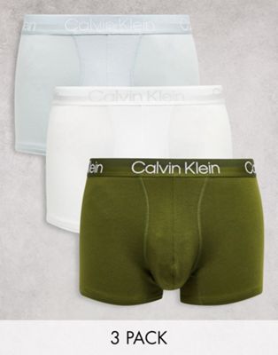 Calvin Klein 3-pack trunks in khaki, white and blue with contrast waistband