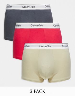 Calvin Klein 3-pack trunks in pink, charcoal grey and beige