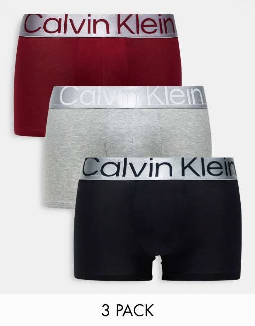 Calvin Klein 3-pack trunks in red, black and gray with silver waistband