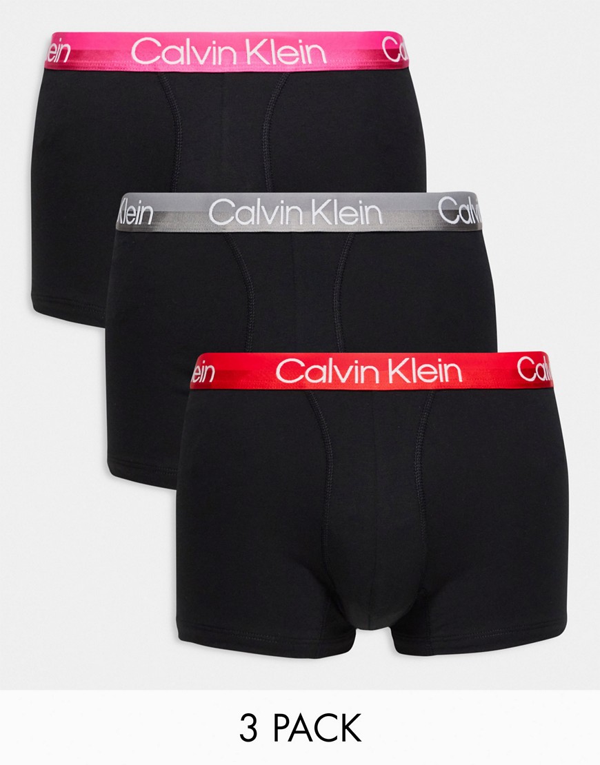 Calvin Klein 3-pack Trunks With Colored Waistband In Black | ModeSens