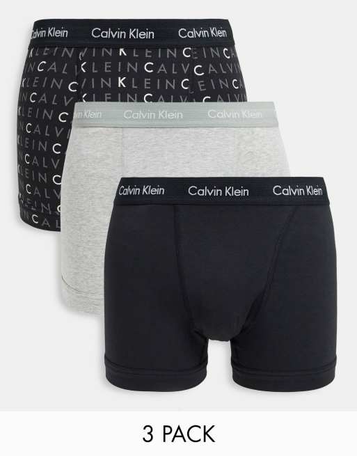 Calvin Klein 3 pack trunks with grey logo print waistband in black
