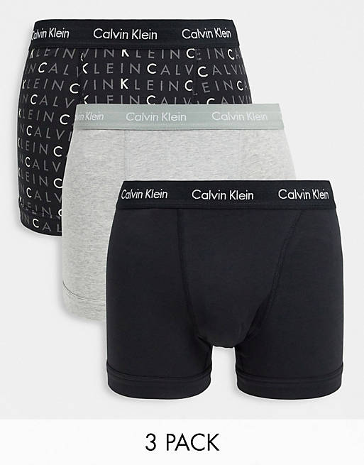 Calvin Klein 3 pack trunks with logo waistband in black grey logo print