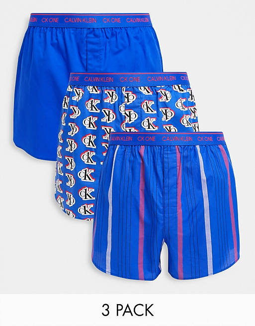Calvin Klein 3 pack woven boxers in logo plain stripe in blue