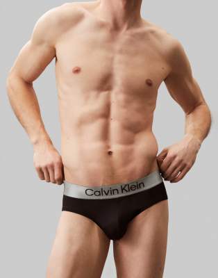Calvin Klein – 3er-Pack elastische Mikrofaser-Slips in Schwarz mit grauem Bund