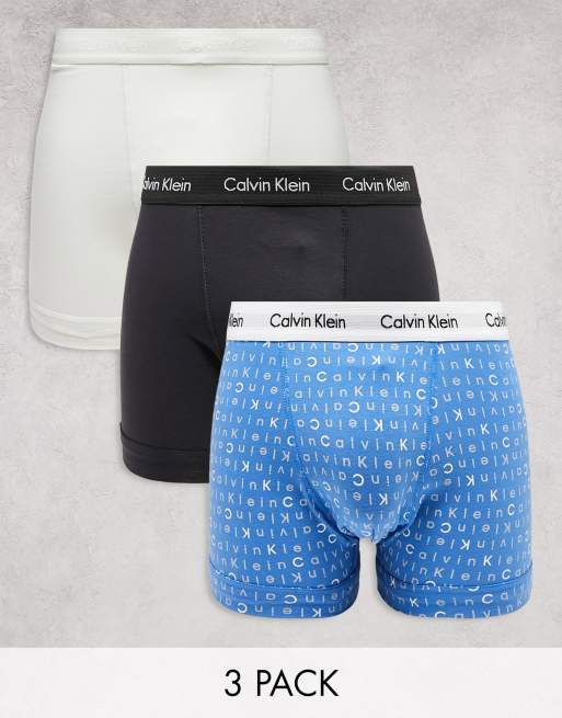 Calvin Klein – 3er-Pack Unterhosen in gemustertem Blau, Schwarz und Grau