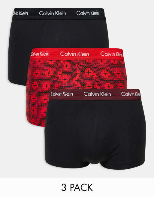 Calvin Klein 3er Pack Unterhosen mit Print in Rot und Schwarz mit niedrigem Bund in verschiedenen Farben