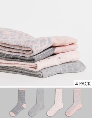 Calvin Klein 4 pack animal spot and check crew sock in pink and grey