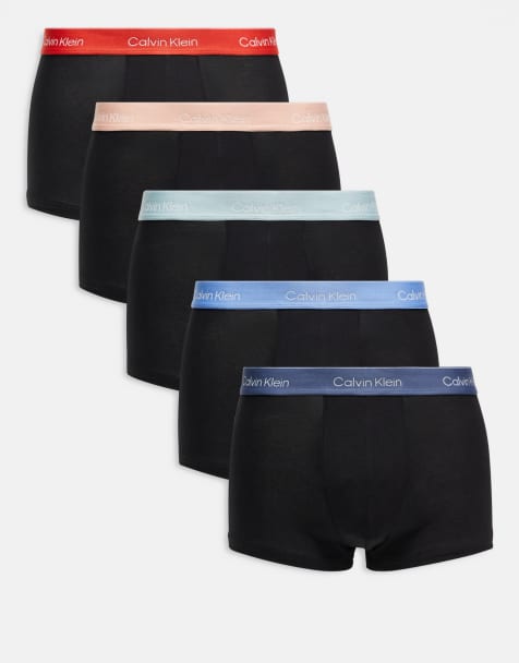 Calvin Klein – 5er-Pack Unterhosen aus Baumwoll-Stretch in Schwarz mit verschiedenfarbigem Bund in Rot/Blau mit Logo - view 1