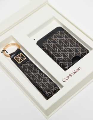 Calvin Klein all-over logo keyring and card holder set in black