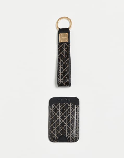 Calvin Klein all over logo keyring and card holder set in black - view 1
