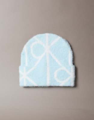 Calvin Klein - Angeraute Strickmütze in Eisblau mit Emblem-Print