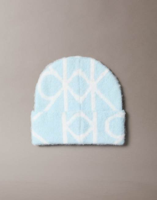 Calvin Klein – Angeraute Strickmütze in Eisblau mit Emblem-Print, 2 von 3