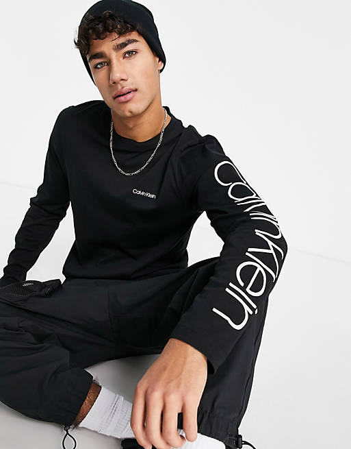 Calvin Klein arm logo long sleeve t-shirt in black | ASOS