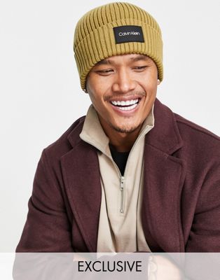 Calvin Klein ASOS exclusive beanie with rubber patch in camel
