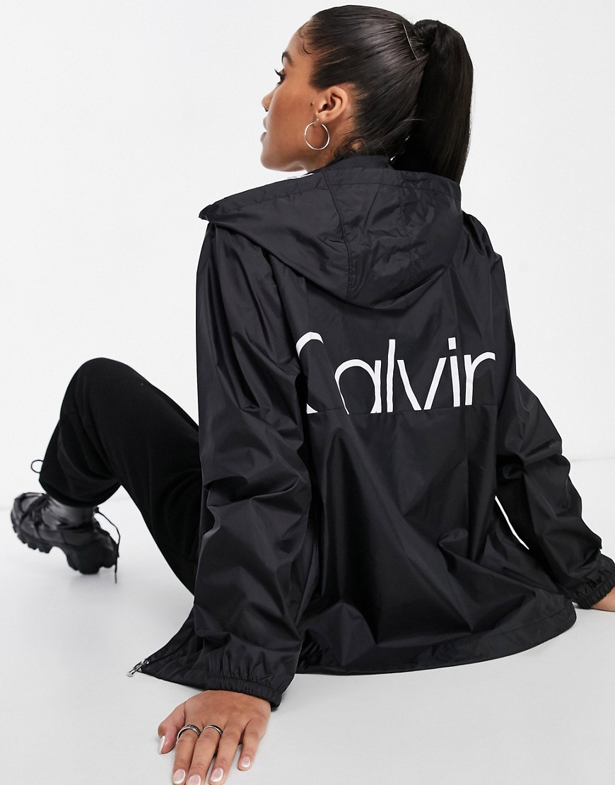 Calvin Klein Back Logo Hooded Windbreaker in Black