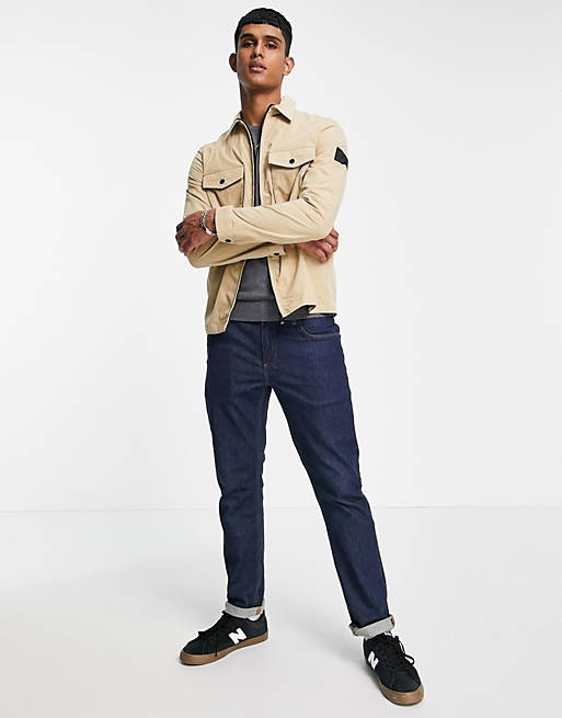 Calvin Klein badge logo patch pocket lightweight overshirt jacket in  travertine beige | ASOS