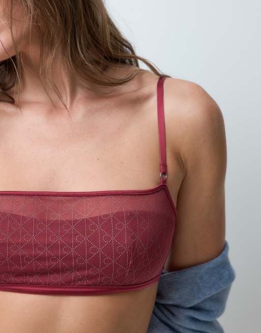 Calvin Klein bandeau i mesh med strassemblem och lätt foder i mörkröd, 3 av 4