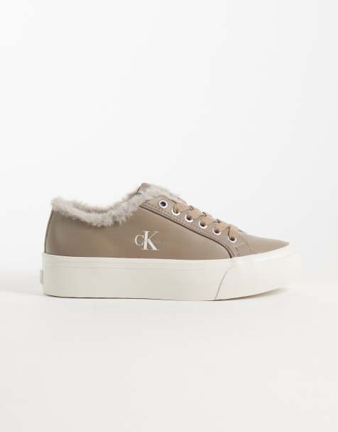 Calvin Klein baskets à semelle plateforme en cuir avec doublure en fausse fourrure taupe - view 1