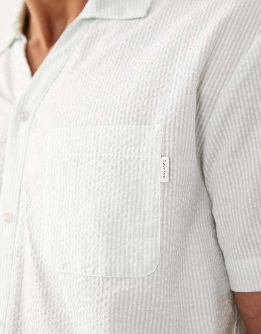 Calvin Klein Baumwoll-Seersucker-Pyjama-Hemd mit wollweißem Streifenmuster, 3 von 5