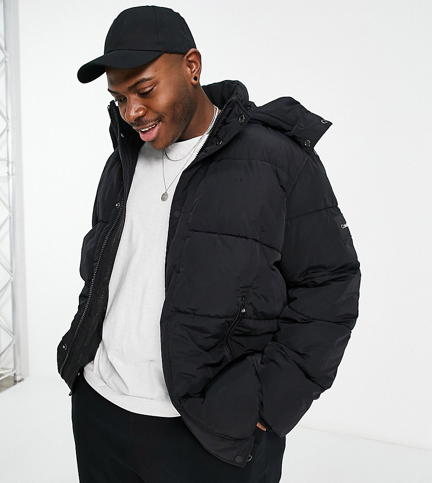 Calvin Klein Big & Tall crinkle nylon mid length jacket in black