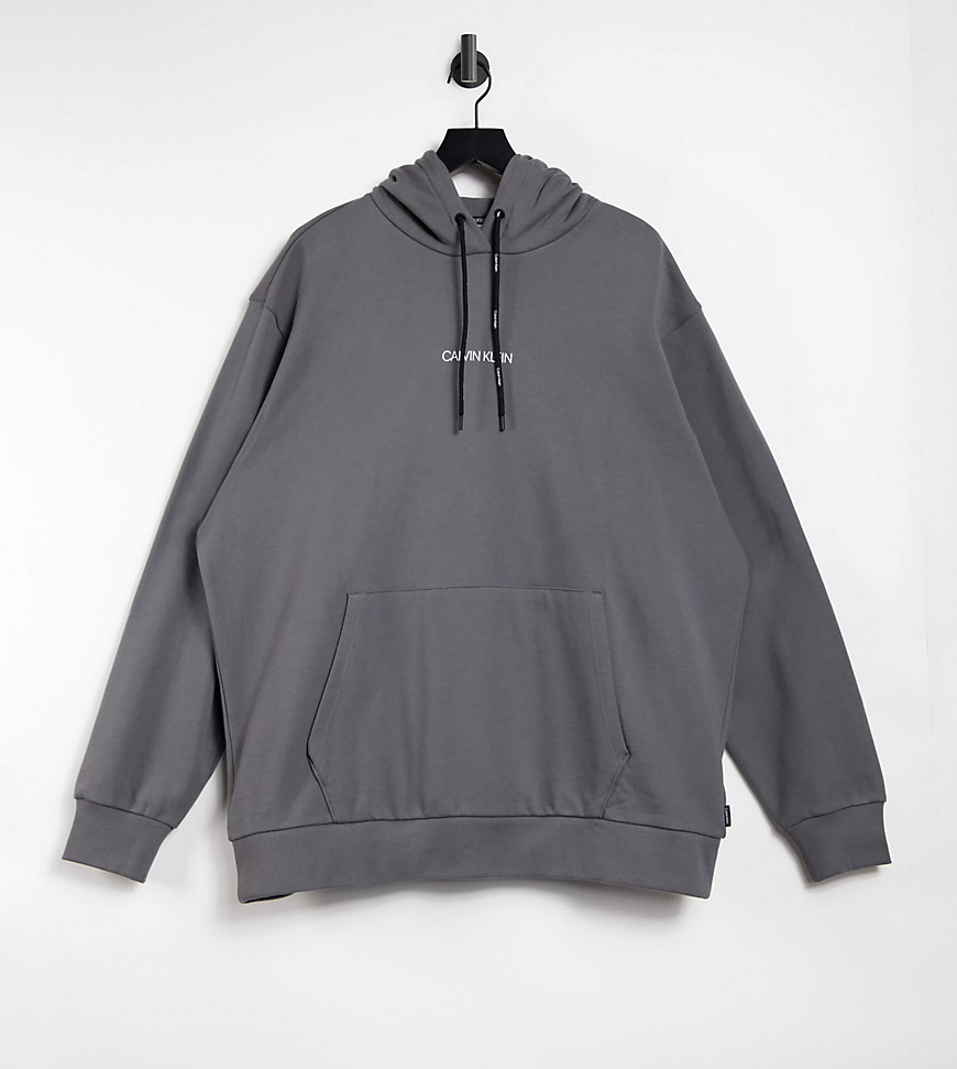 Calvin Klein Big & Tall exclusive to ASOS central front and vertical back logo hoodie in pewter gray-Grey