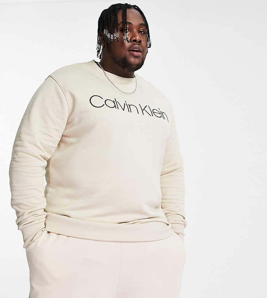 Calvin Klein Big & Tall large logo sweatshirt in bleached stone-Neutral