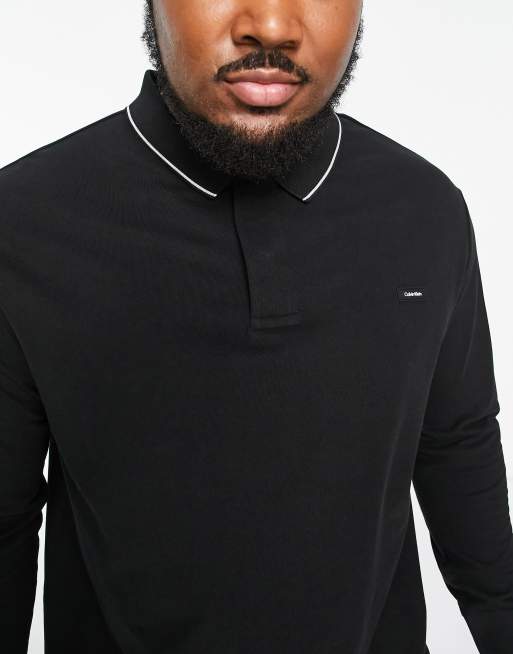 Calvin Klein Big Tall tipped stretch pique cotton blend long sleeve polo in black