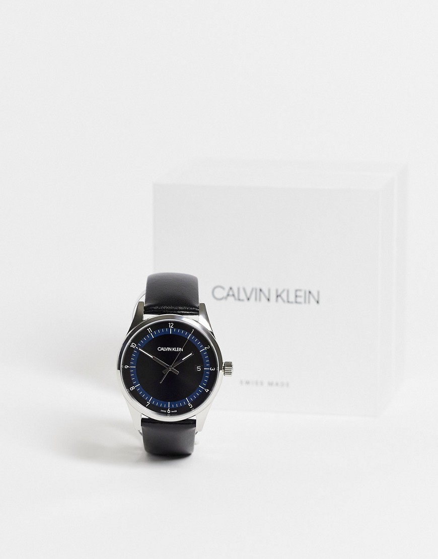 Calvin Klein black leather strap watch with black dial