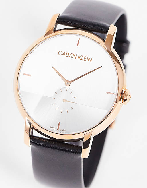 Calvin Klein leather strap watch in black