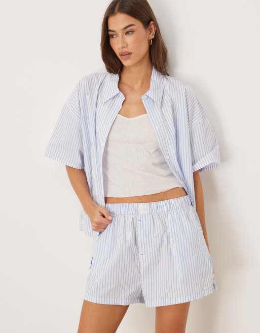 Calvin Klein – Blårandiga poplinshorts med logga, 3 av 4