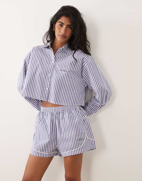 Calvin Klein – Blårandiga träningsshorts i poplin med logga, del av set - view 1