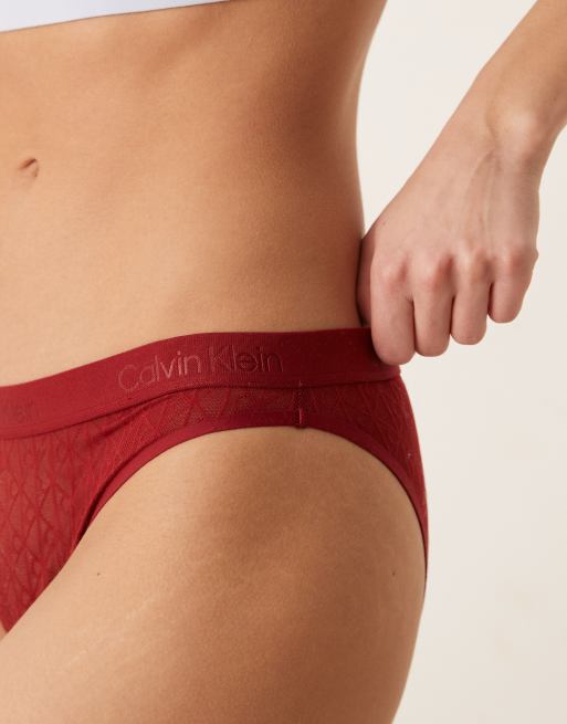Calvin Klein – Bordowe koronkowe figi o kroju bikini z mikrofibry, 3 z 4