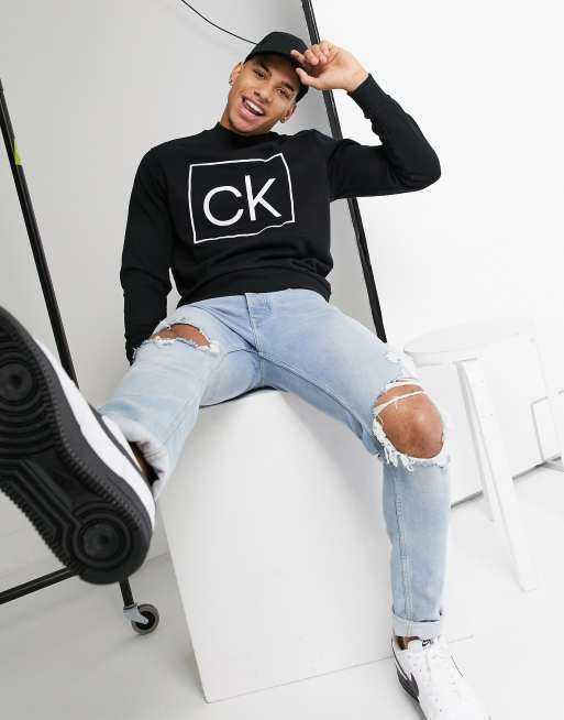 Calvin Klein Monogram Logo Mock Neck Sweatshirt in White