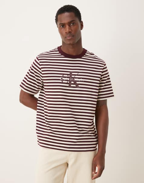 Calvin Klein – Brun, randig t-shirt med monogramlogga - view 1