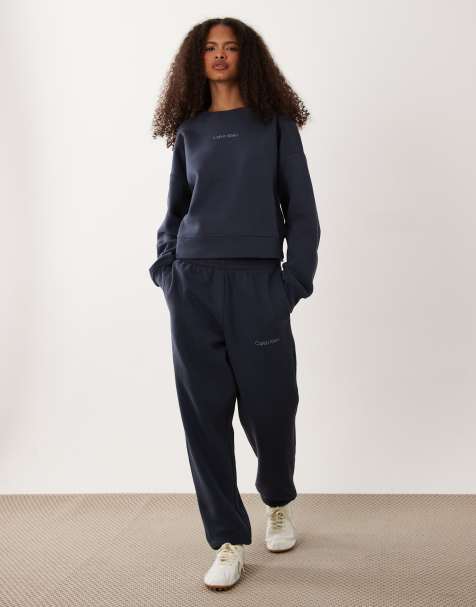 Calvin Klein brushed french terry sweatshirt and jogger co-ord in midnight blue - view 1