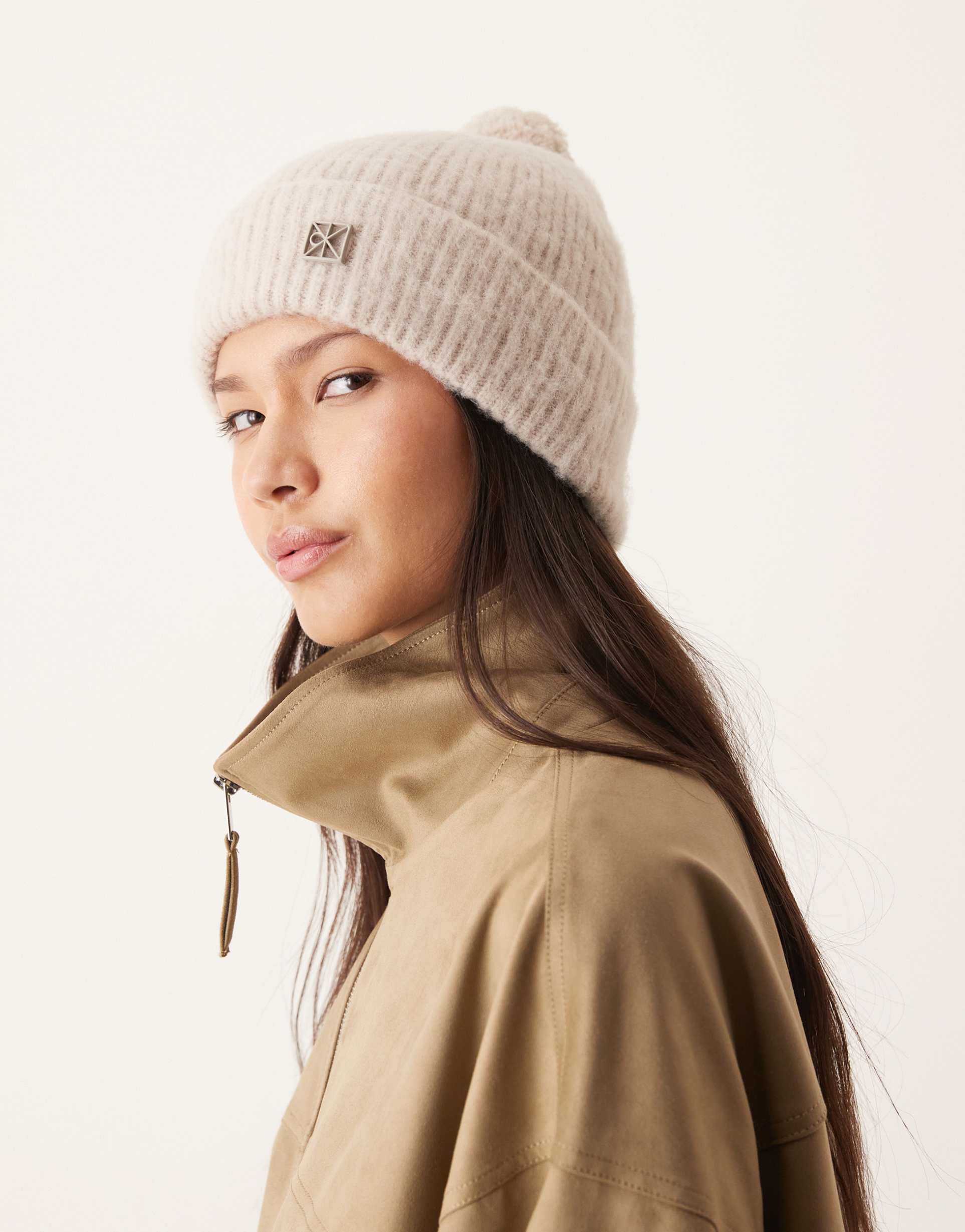 calvin klein brushed pom pom beanie in gray