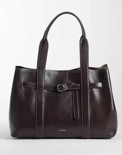 Calvin Klein buckle tote in chocolate brown - view 1